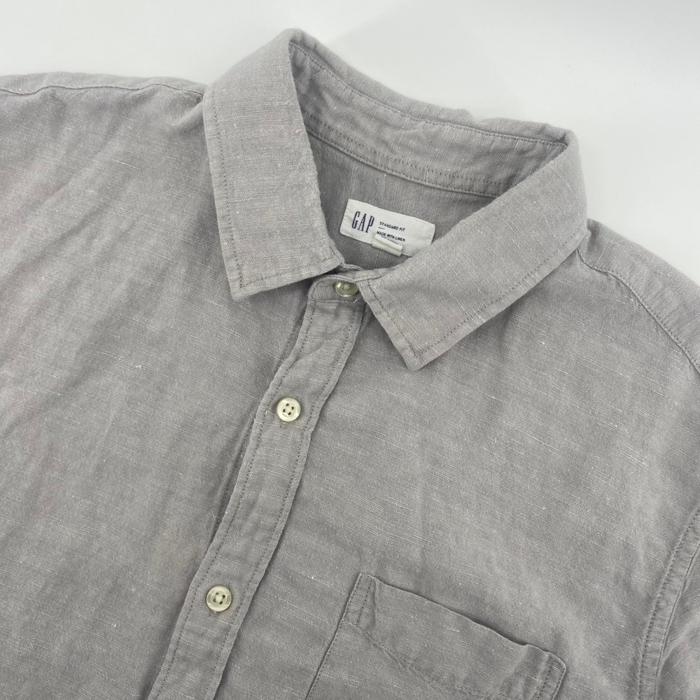 Gap Button Down Shirt Mens Large Grey Linen Blend Short Sleeve Standard Fit